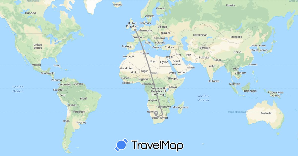 TravelMap itinerary: driving, plane in United Kingdom, South Africa (Africa, Europe)